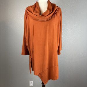 Ali Miles Cowl Neck Asymmetric Tunic Plus Size 1X Rust Orange Pucker Jersey
